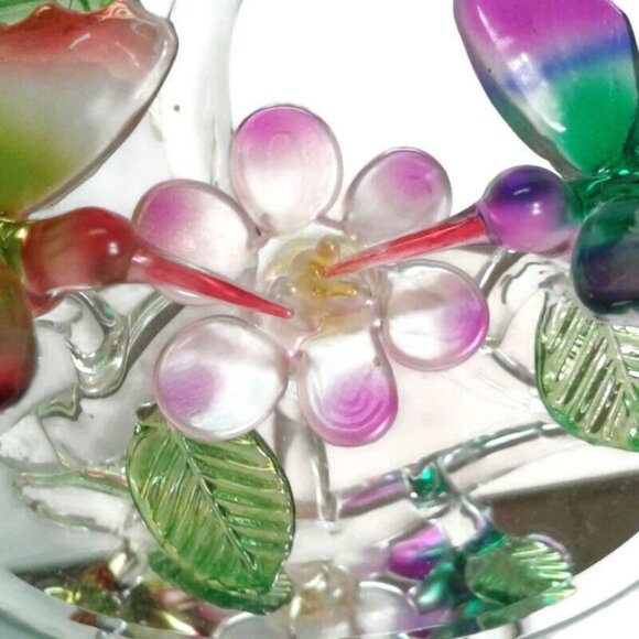 Hand Blown Glass Hummingbirds Flower Mirror Base Pink Purple Birds Figurine - Picture 5 of 10